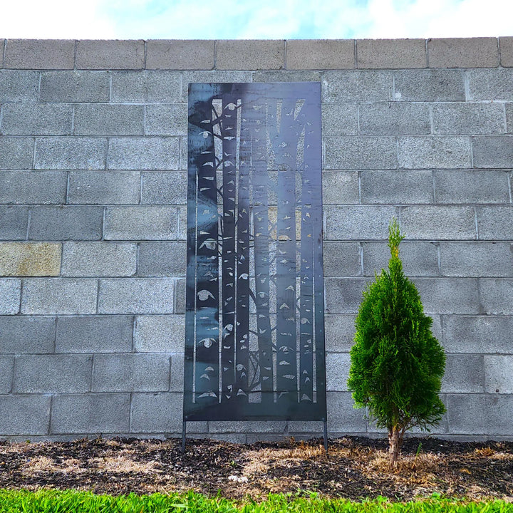 Outdoor Metal Privacy Panel – Birch Tree Garden Screen with Ground Stakes, Decorative Steel Yard Divider for Patio & Landscaping