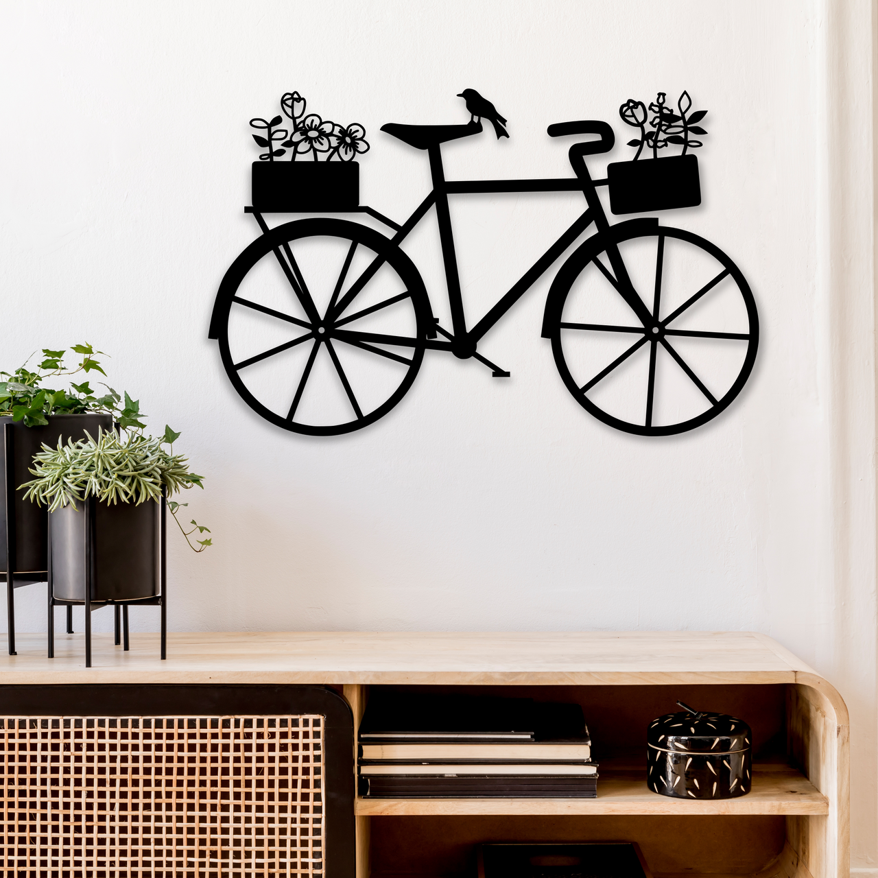 Bicycle with Flowers Living Room Decor - Minimalist Metal Wall Art - Rusty Garden Art