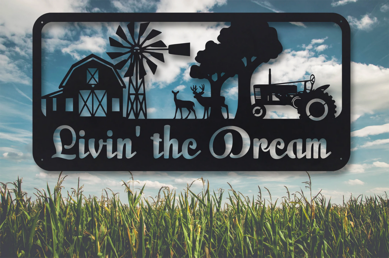 Personalized Metal Art Sign - Livin' The Dream - Rustic Farm Sign - Rural Farm Scene