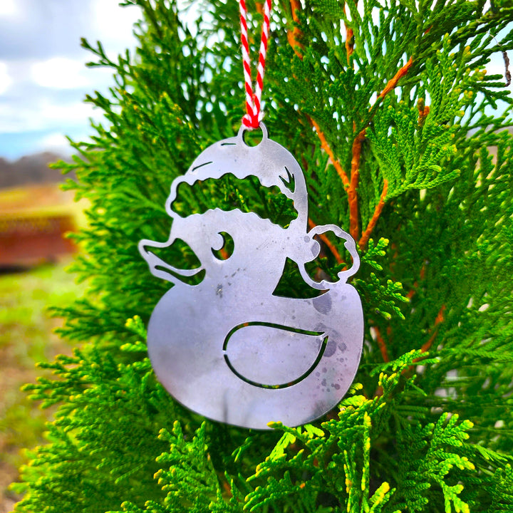 santa hat duck metal ornament hanging on evergreen