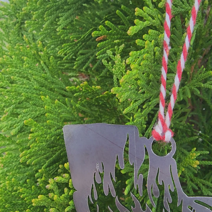 funny steel dumpster ornament with flame cutout