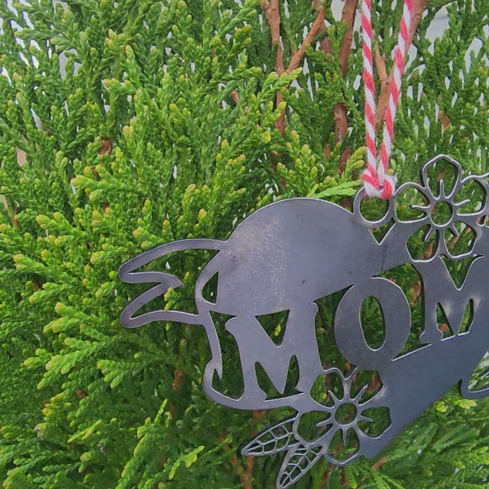 rustic steel MOM ornament with floral tattoo design