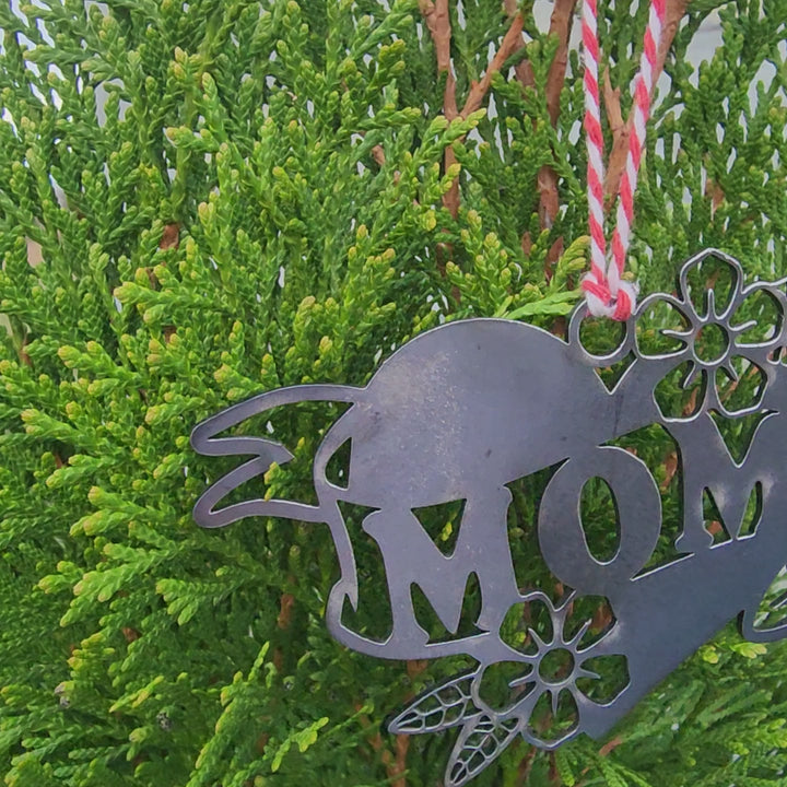 rustic steel MOM ornament with floral tattoo design