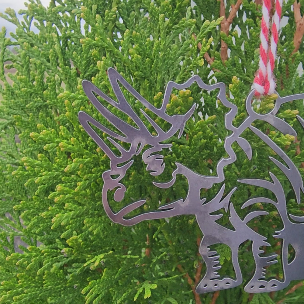 steel triceratops Christmas ornament handmade in Tennessee