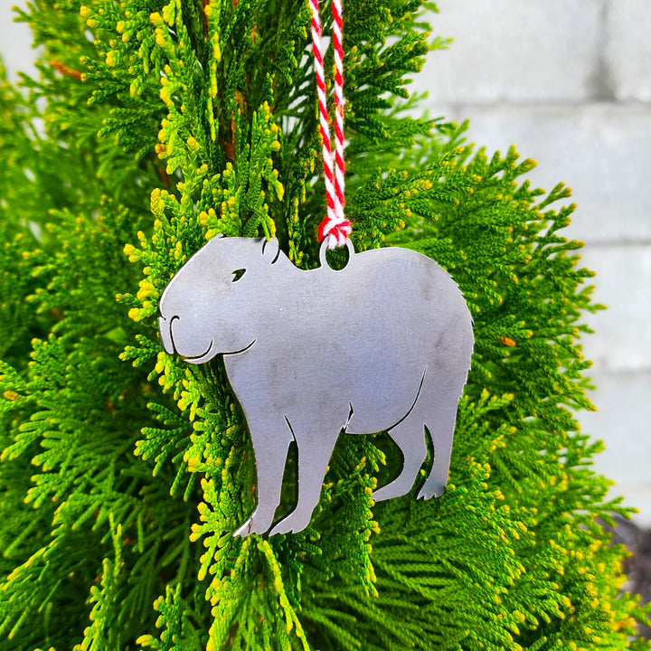 rustic steel capybara Christmas ornament