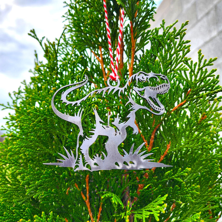 dinosaur cutout ornament in raw steel