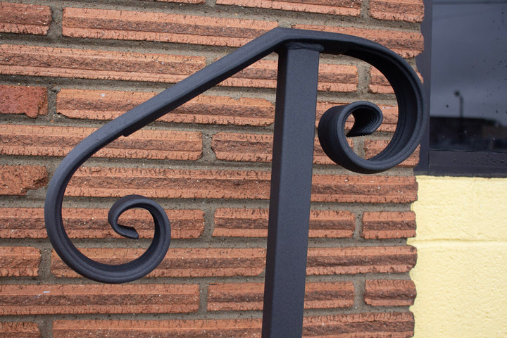 one step handrail
decorative stair railing
metal handrail for steps
black scroll handrail
powder coated outdoor railing
DIY porch rail
single step handrail
wrought iron look handrail
garage stair grab rail
metal railing kit