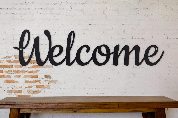 Cursive Welcome Metal Wall Sign – Custom Sizes & Finishes – Indoor/Outdoor Home Decor