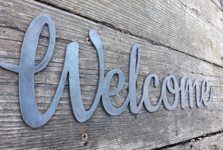 Cursive Welcome Metal Wall Sign – Custom Sizes & Finishes – Indoor/Outdoor Home Decor