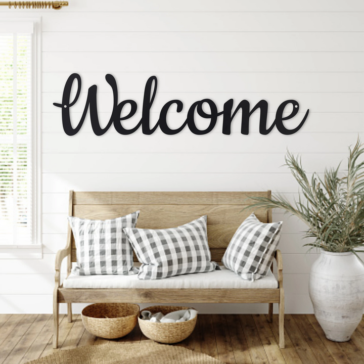 Cursive Welcome Metal Wall Sign – Custom Sizes & Finishes – Indoor/Outdoor Home Decor