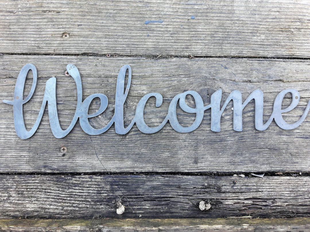 Cursive Welcome Metal Wall Sign – Custom Sizes & Finishes – Indoor/Outdoor Home Decor