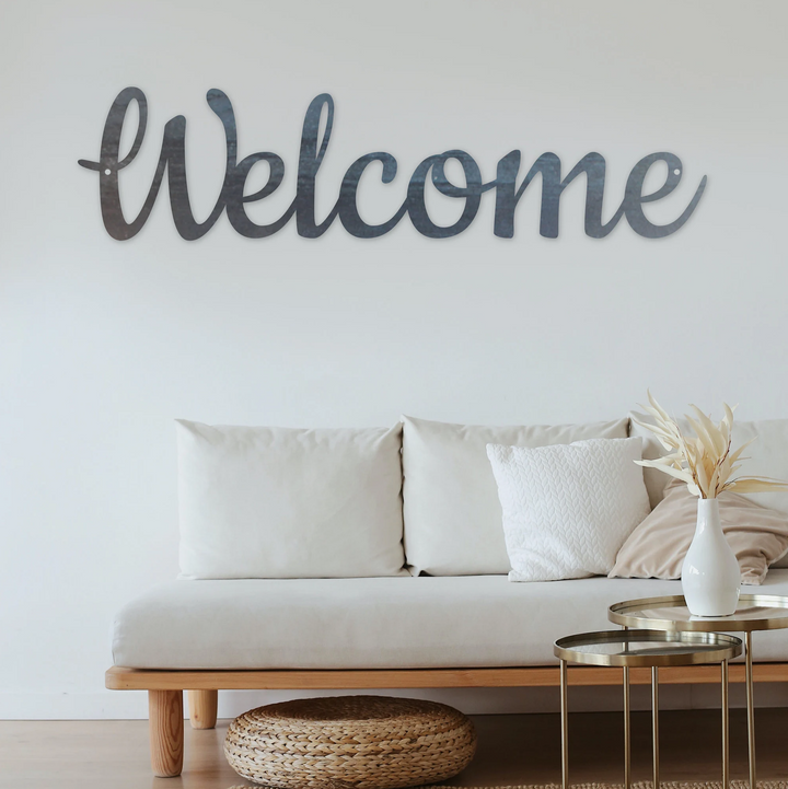 Cursive Welcome Metal Wall Sign – Custom Sizes & Finishes – Indoor/Outdoor Home Decor