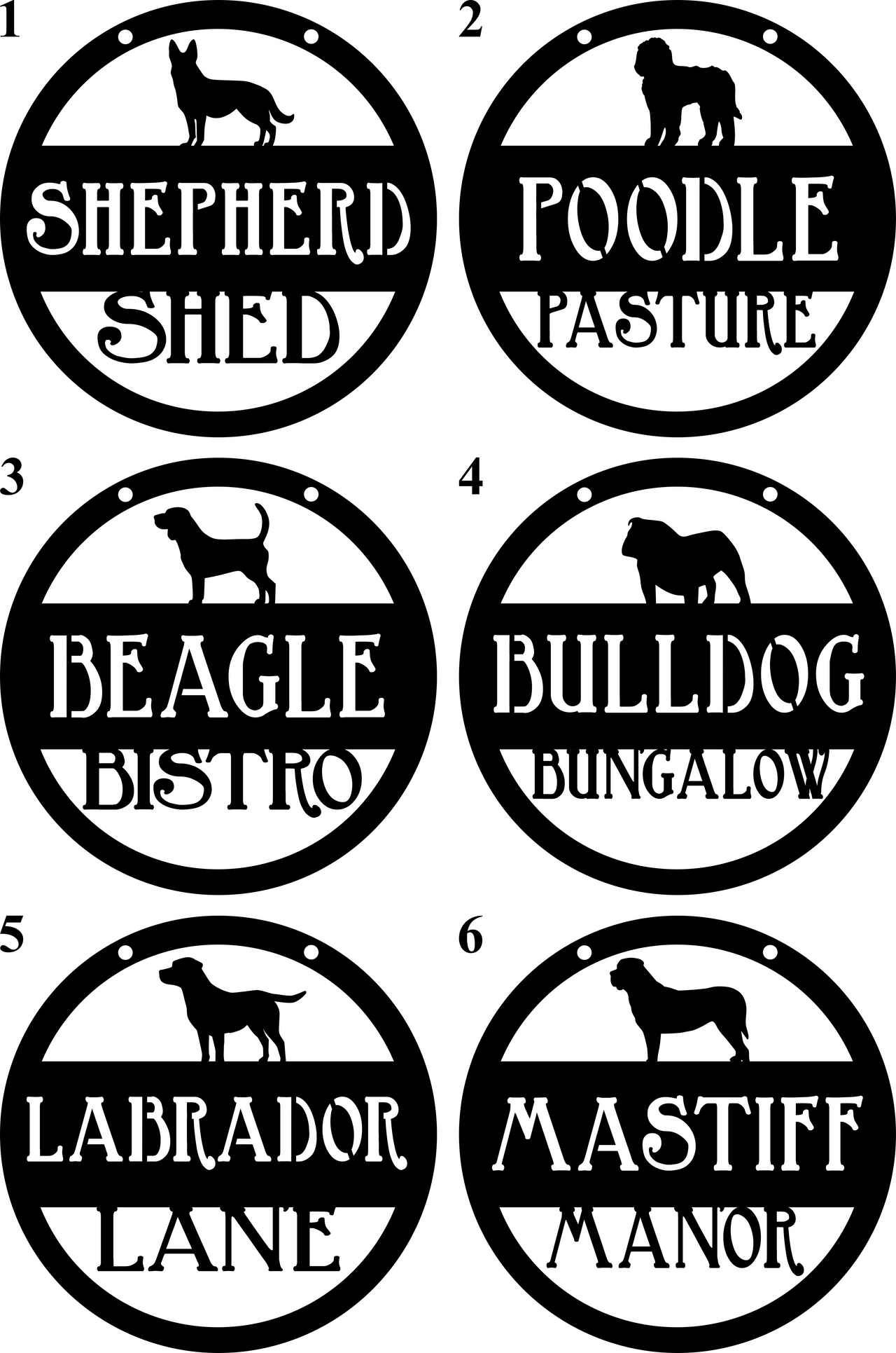 Hanging Metal Dog Sign - Pet, Guard, German Shepherd, Poodle, Beagle, Bulldog, Labrador, Mastiff - Black Powder Coat Finish