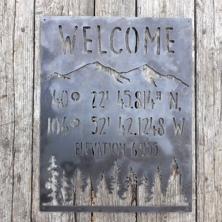 Mountain Coordinate & Elevation Sign - Custom Metal Mountains and Trees Decor, Welcome Signs , Cabin Wall Art