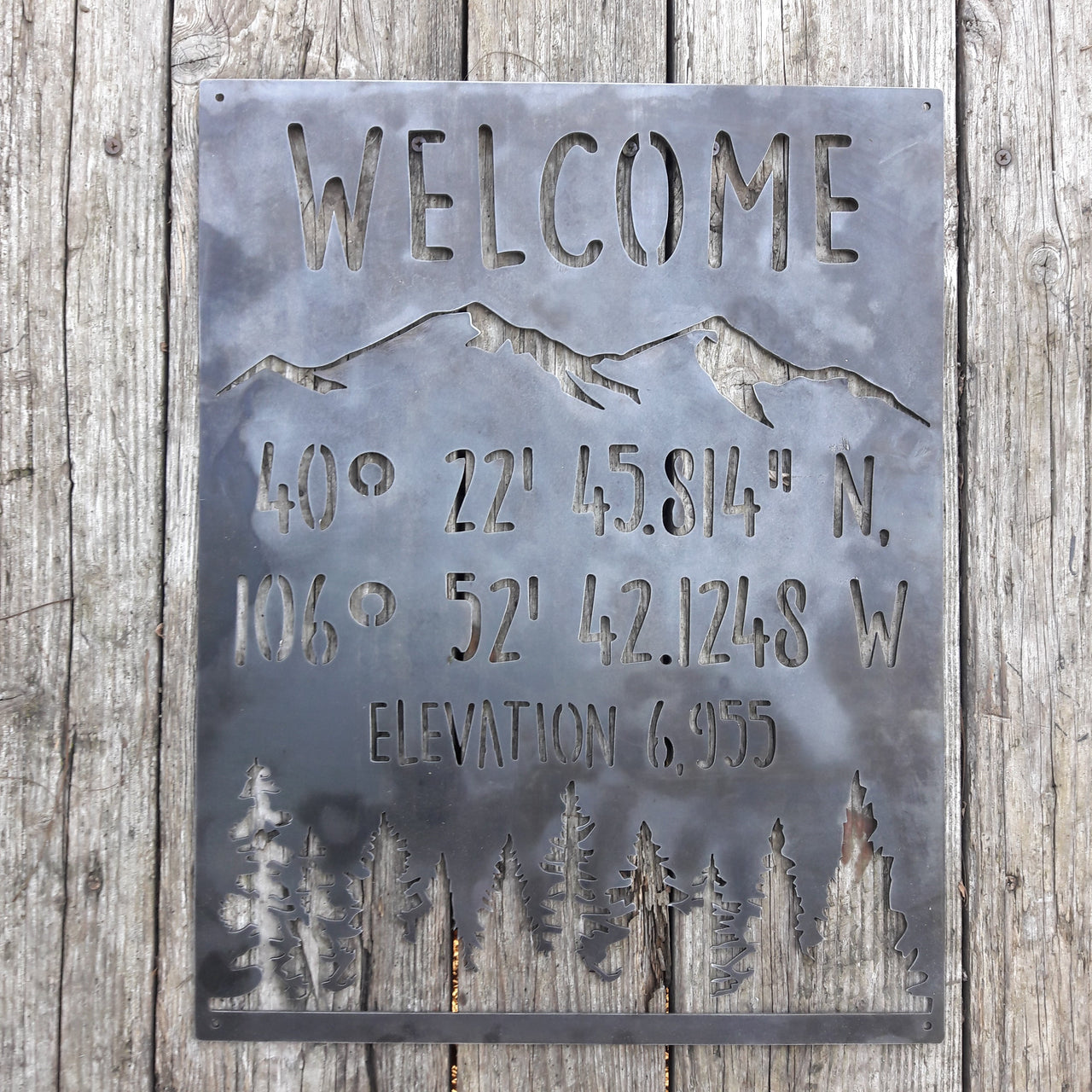 Mountain Coordinate & Elevation Sign - Custom Metal Mountains and Trees Decor - Welcome, Cabin Wall Art