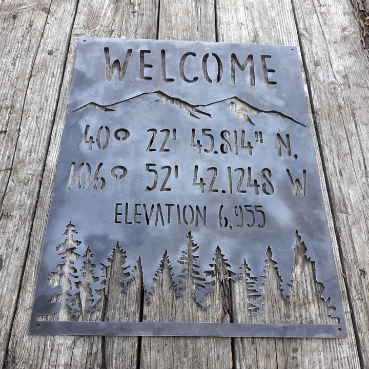Mountain Coordinate & Elevation Sign - Custom Metal Mountains and Trees Decor, Welcome Signs , Cabin Wall Art