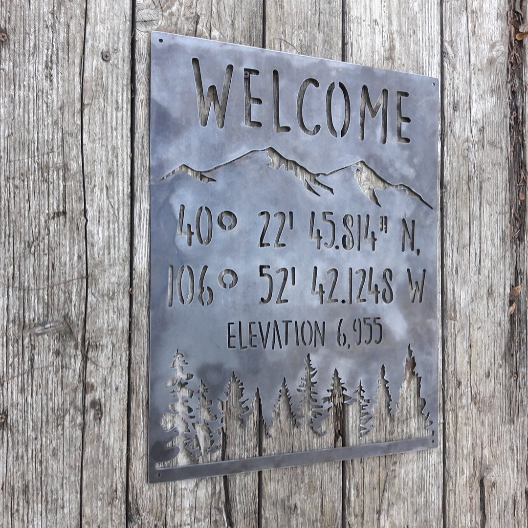 Mountain Coordinate & Elevation Sign - Custom Metal Mountains and Trees Decor, Welcome Signs , Cabin Wall Art