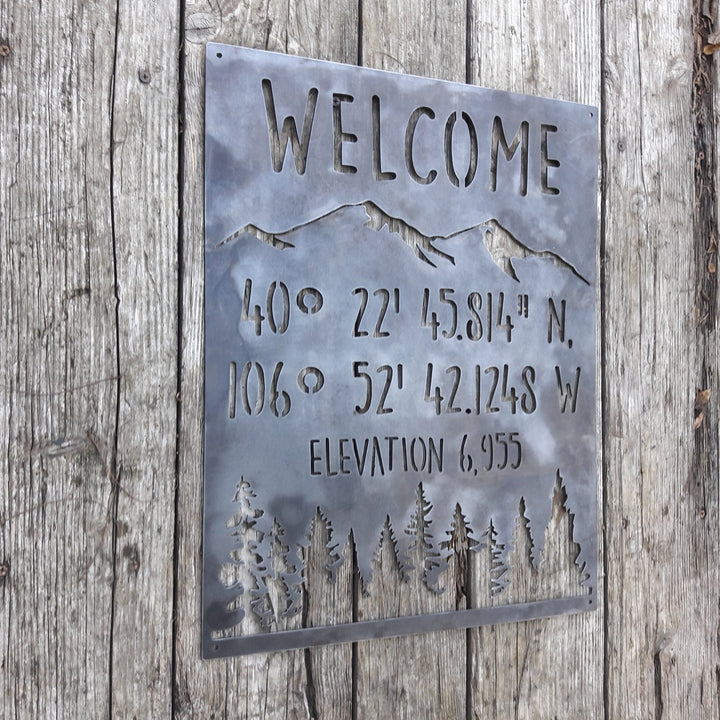 Mountain Coordinate & Elevation Sign - Custom Metal Mountains and Trees Decor, Welcome Signs , Cabin Wall Art
