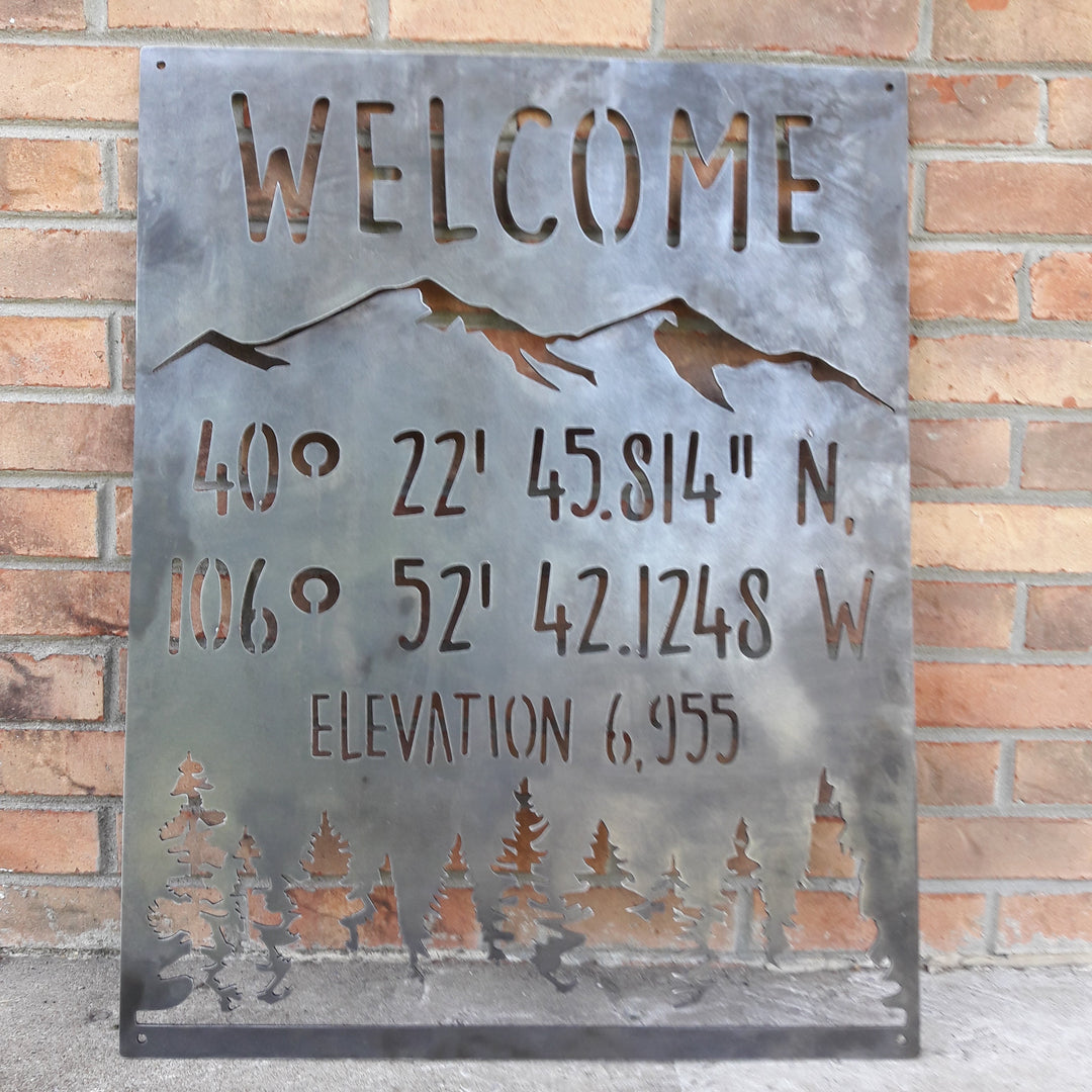 Mountain Coordinate & Elevation Sign - Custom Metal Mountains and Trees Decor, Welcome Signs , Cabin Wall Art