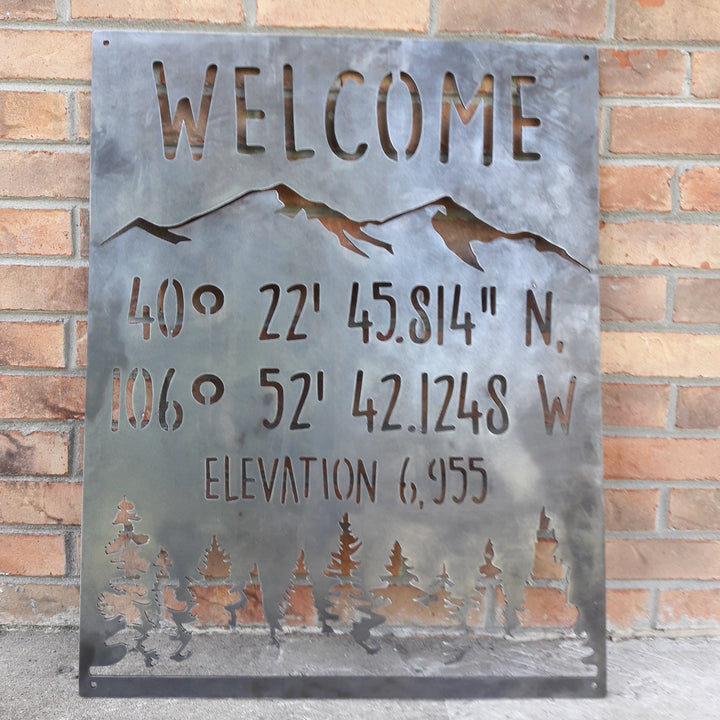 Mountain Coordinate & Elevation Sign - Custom Metal Mountains and Trees Decor, Welcome Signs , Cabin Wall Art