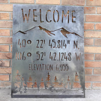 Thumbnail for Mountain Coordinate & Elevation Sign - Custom Metal Mountains and Trees Decor - Welcome, Cabin Wall Art
