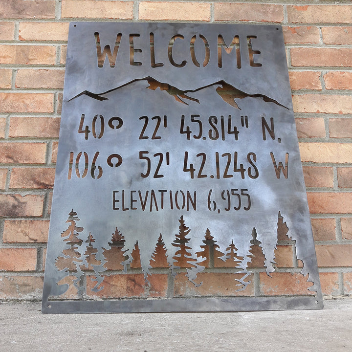 Mountain Coordinate & Elevation Sign - Custom Metal Mountains and Trees Decor, Welcome Signs , Cabin Wall Art
