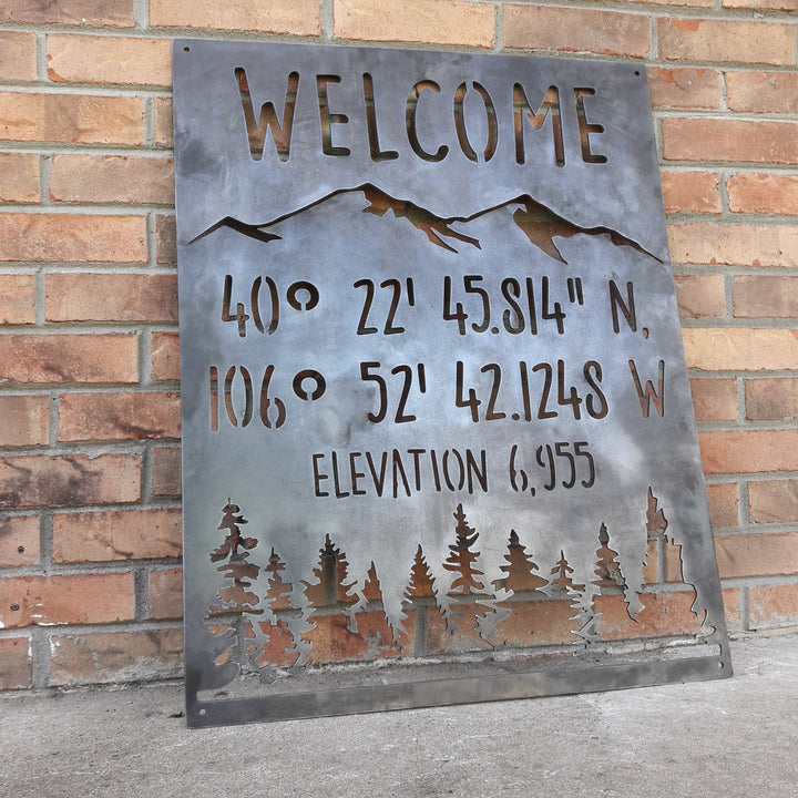 Mountain Coordinate & Elevation Sign - Custom Metal Mountains and Trees Decor, Welcome Signs , Cabin Wall Art