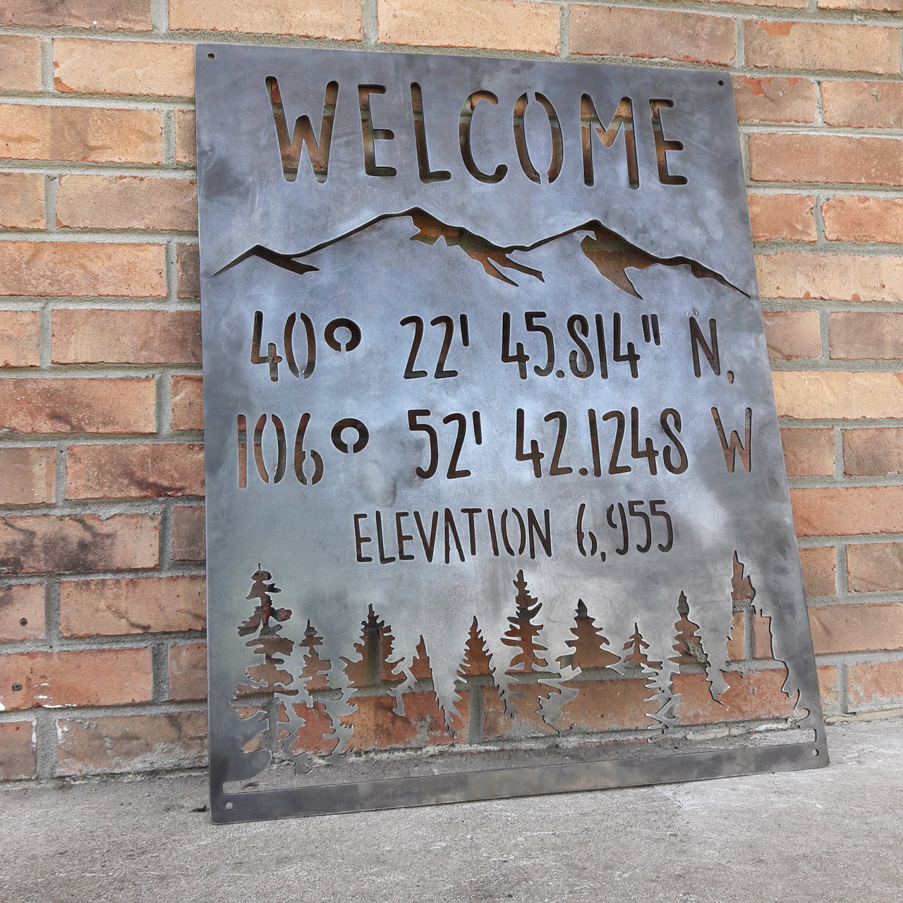 Mountain Coordinate & Elevation Sign - Custom Metal Mountains and Trees Decor - Welcome, Cabin Wall Art