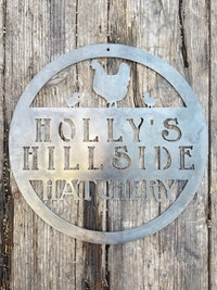 Thumbnail for This metal sign is personalized and has the image of a chicken and two chicks at the top. The sign reads, 