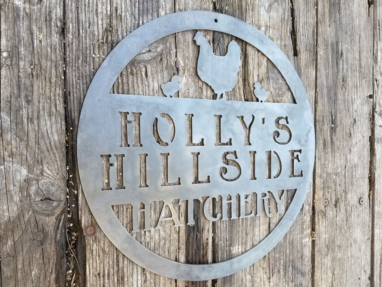 This metal sign is personalized and has the image of a chicken and two chicks at the top. The sign reads, "Holly's Hillside Hatchery".
