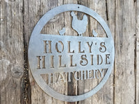 Thumbnail for This metal sign is personalized and has the image of a chicken and two chicks at the top. The sign reads, 