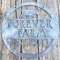 Thumbnail for This is a custom round metal sign that features a goat and reads from the top down, 