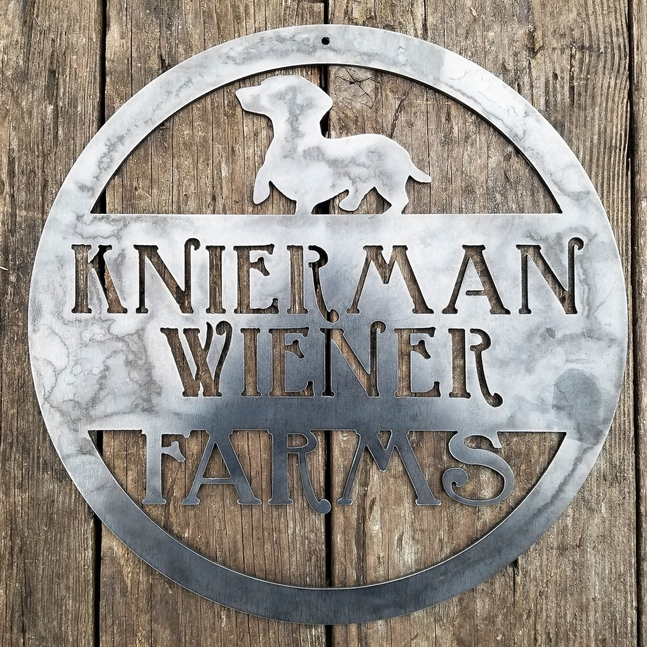 This is a custom round metal sign that features a wiener dog and reads from the top down, "Knierman Wiener Farms"
