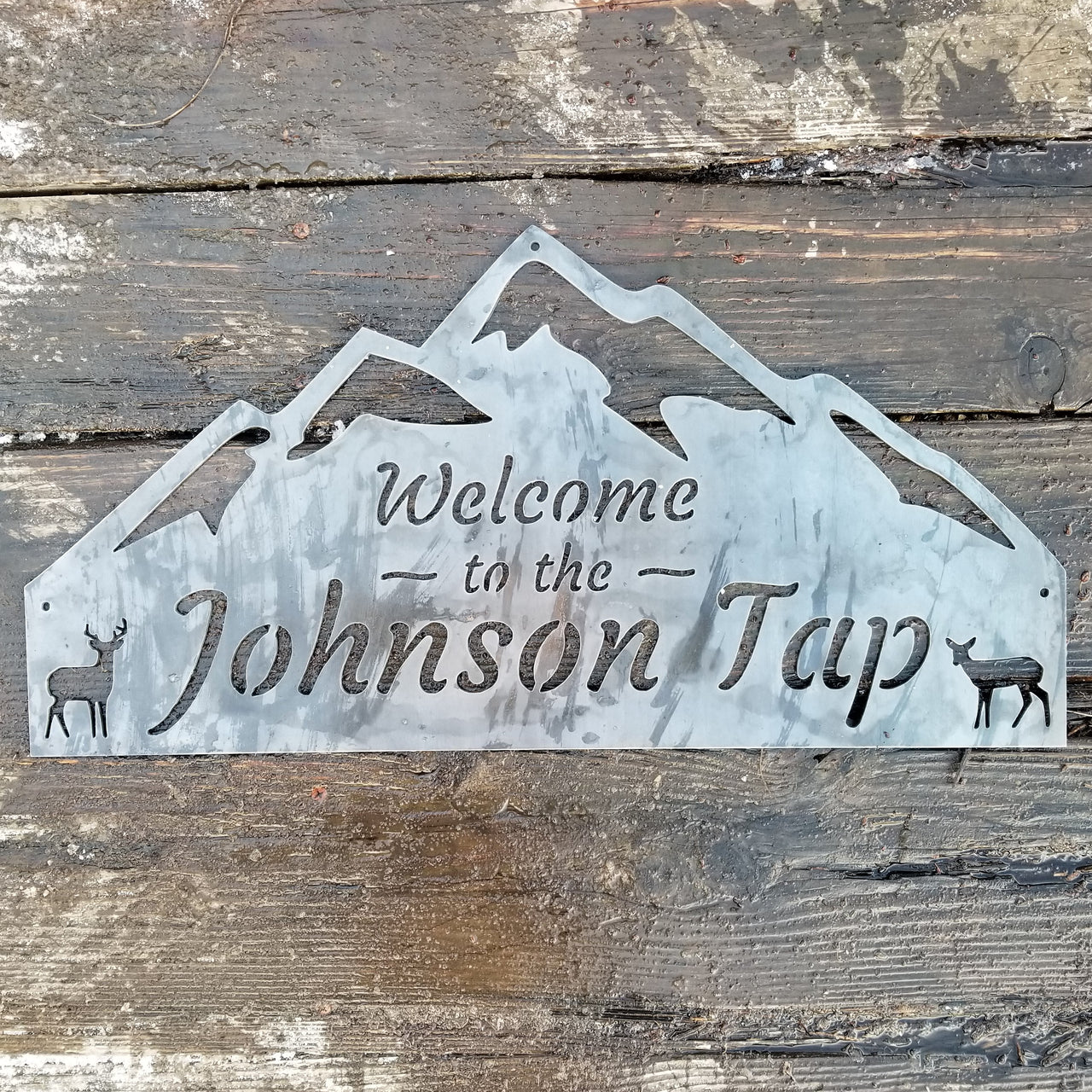 Personalized Mountain Peak Silhouette Wilderness Tap or Bar Metal Sign - Custom Mountain Peak, Deer, Plaque