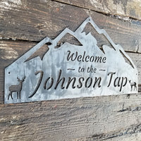 Thumbnail for Personalized Mountain Peak Silhouette Wilderness Tap or Bar Metal Sign - Custom Mountain Peak, Deer, Plaque
