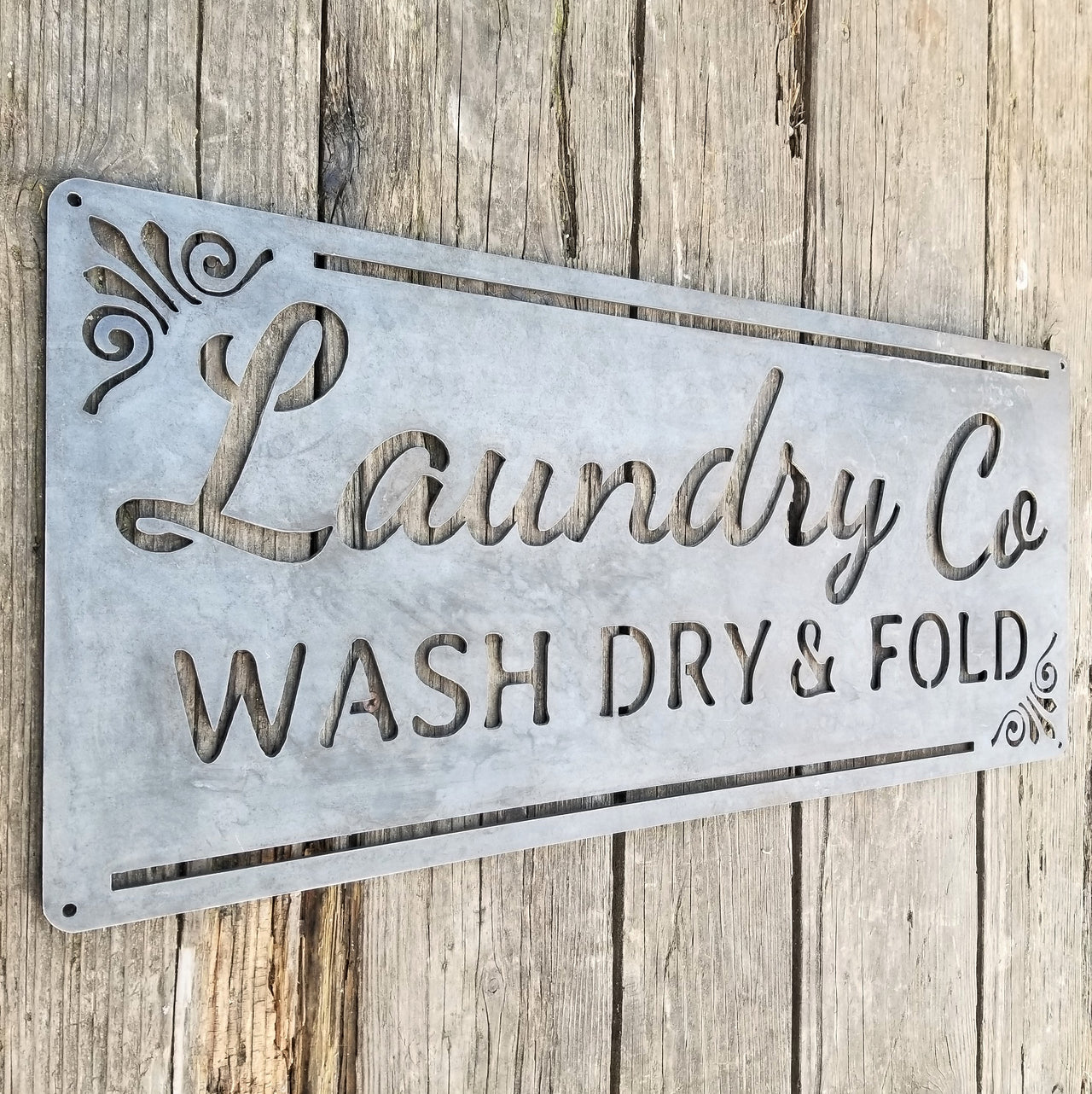 Laundry Co Wash Dry & Fold Sign - Rustic Metal Decor - Farmhouse Laundry Room Decor