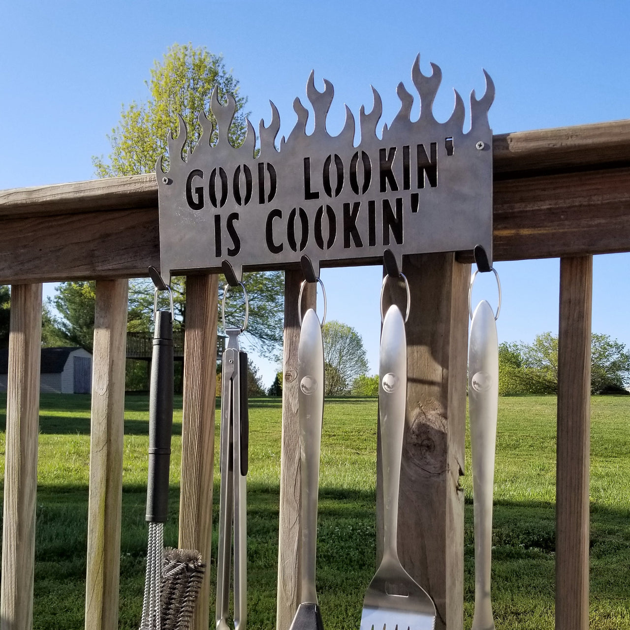 Personalized BBQ Tool Holder For Dad - Metal Grill Sign, Utensil Rack, Caddy, Hooks, Barbecue