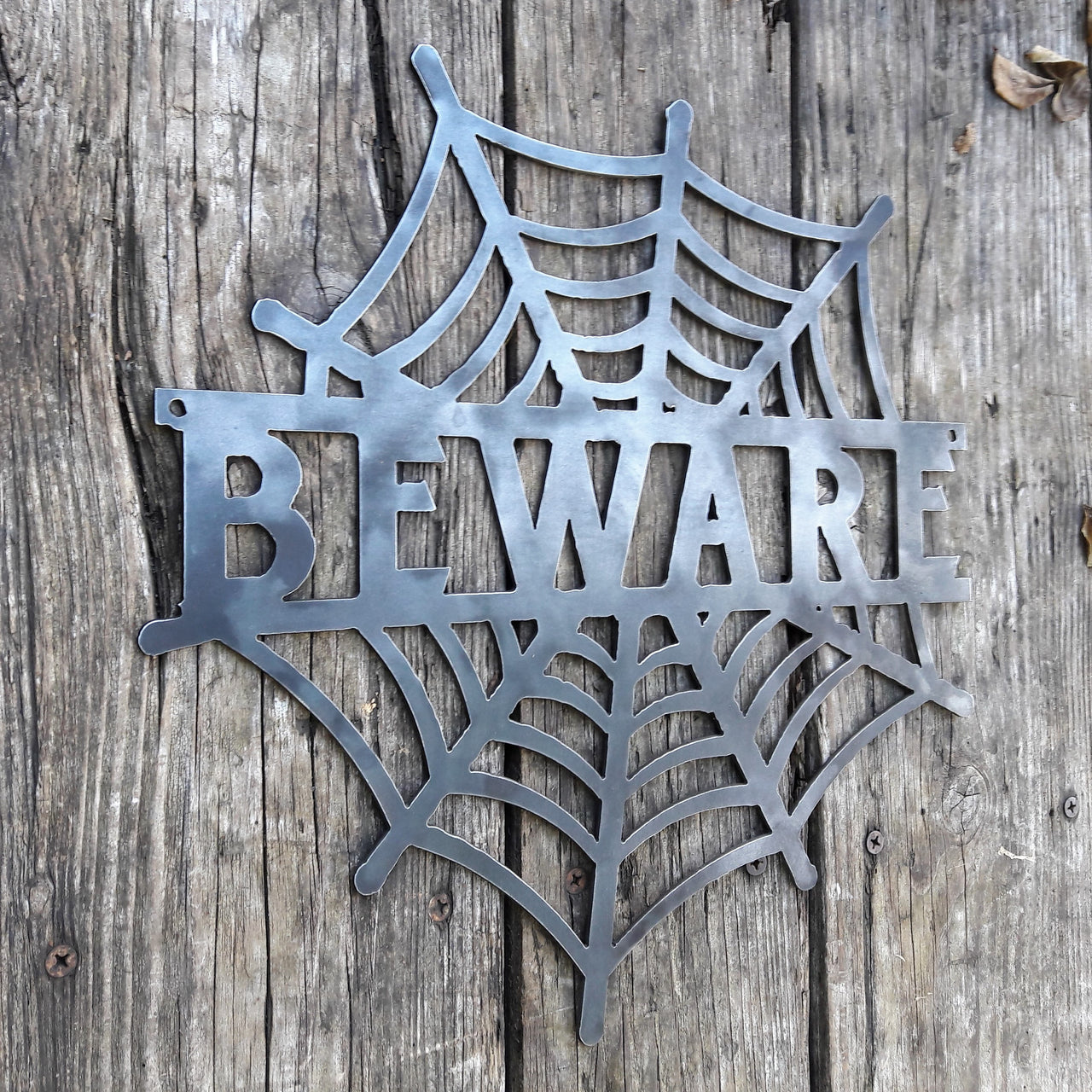 BEWARE Spider Web - Halloween Decorations, Door Hanger, Wall Decor - Custom Metal Sign