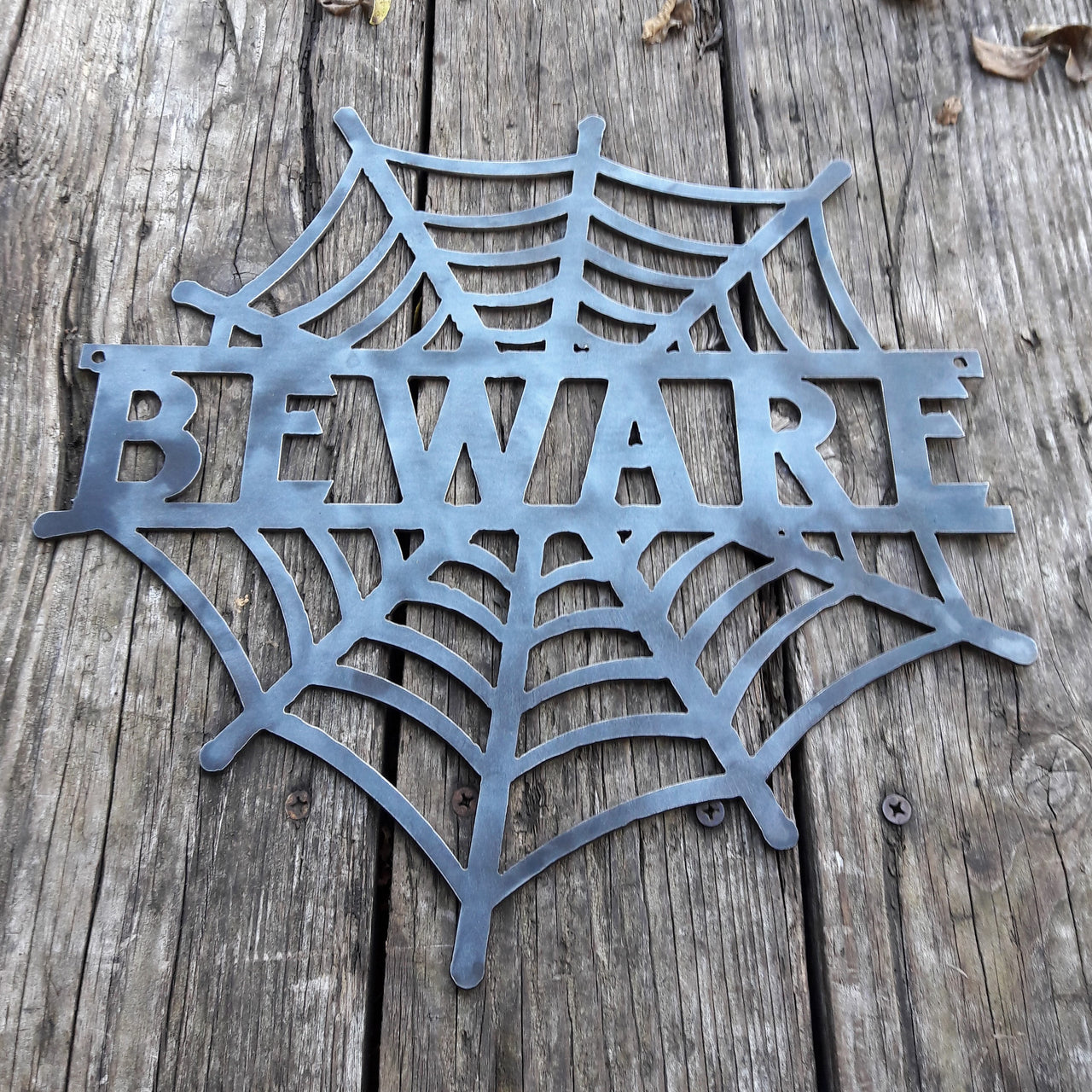 BEWARE Spider Web - Halloween Decorations, Door Hanger, Wall Decor - Custom Metal Sign