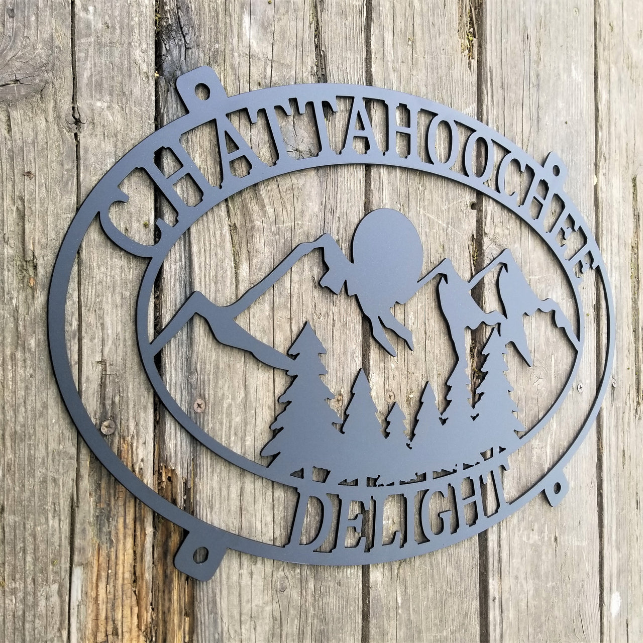 Mountain Sunset Cabin Sign - Personalized Chattahoochee Delight Oval Metal Plaque