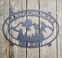 Thumbnail for Mountain Sunset Cabin Sign - Personalized Chattahoochee Delight Oval Metal Plaque