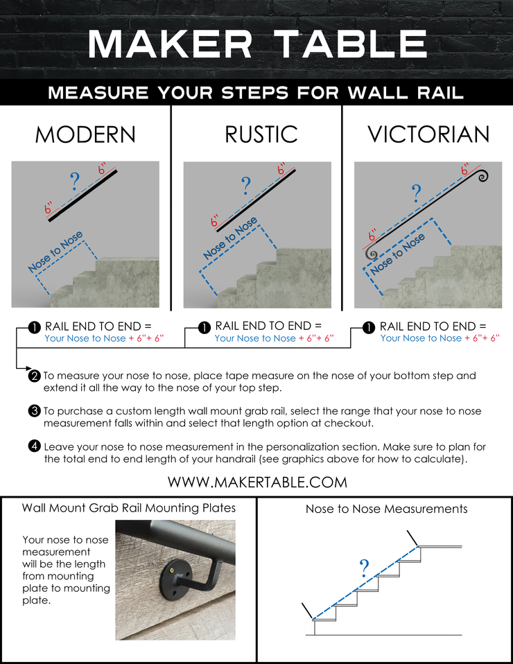Custom Length Metal Handrail with Square Returns - ADA Compliant Return Wall Mount Grab Rail - Victorian Stair Rail