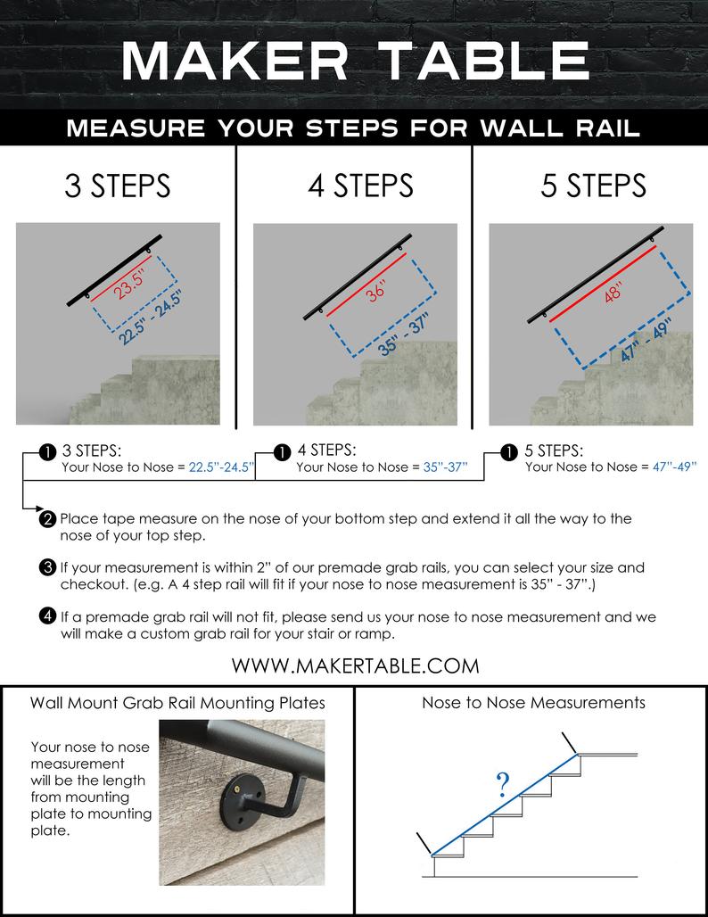 Round Metal Handrail with Square Returns - ADA Compliant Return Wall Mount Grab Rail - Modern Stair Rail