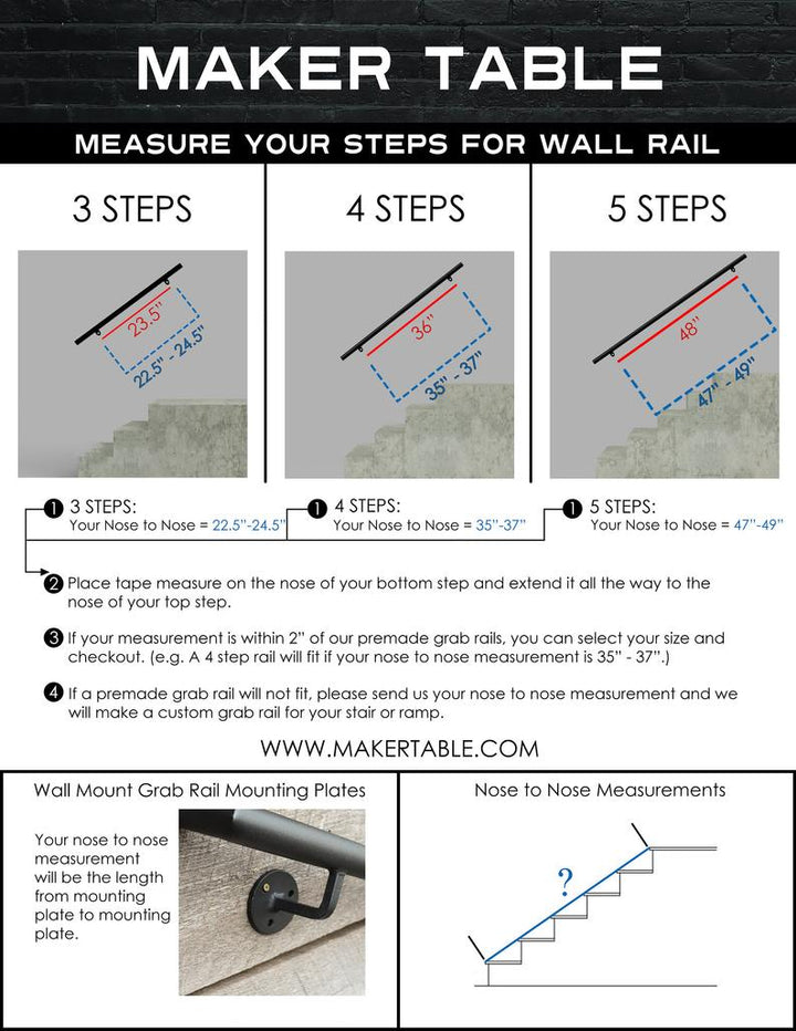 Work Table Wall Guide Rails Decorative Wall-Mounted Handrail for 3–5 Steps | Textured Black Metal ...