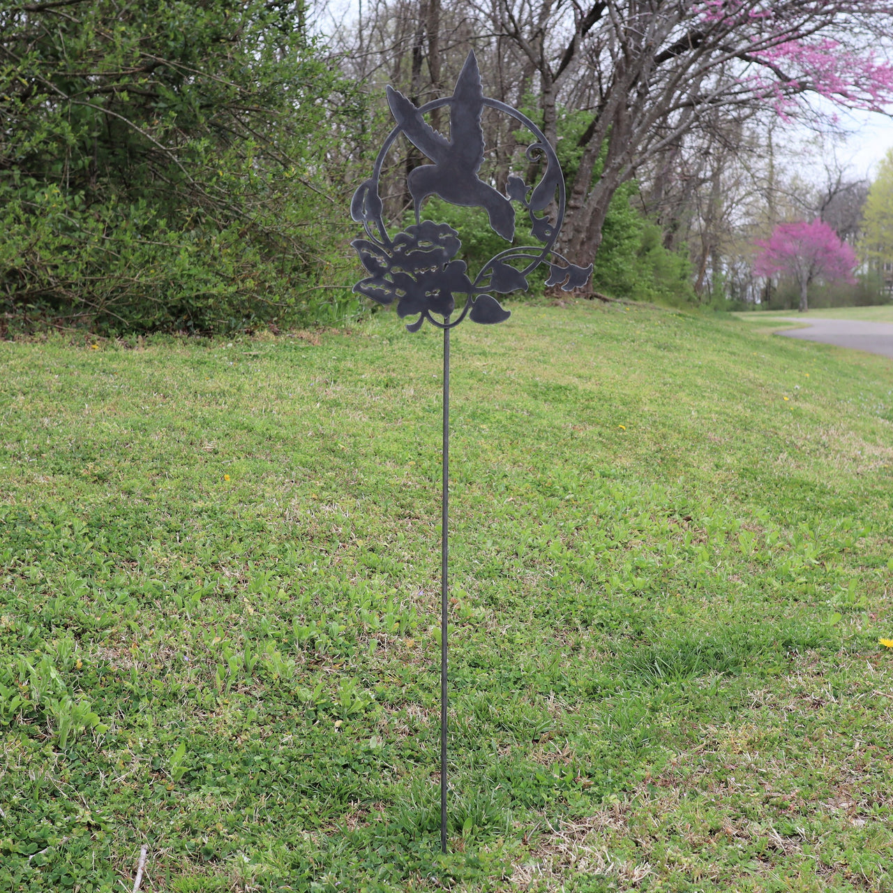 Metal Hummingbird and Flower Garden Stake - Steel Gardening Decor - Bird Yard Art Marker