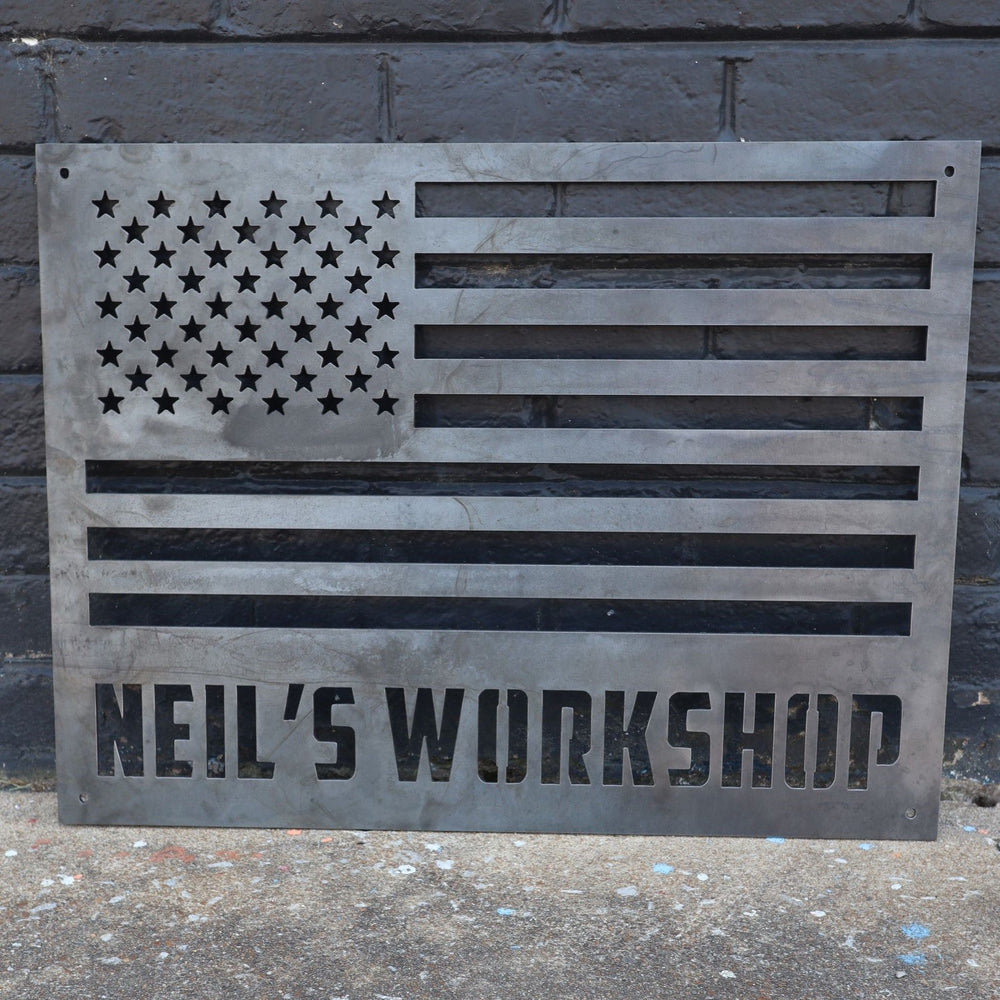 Personalized American Flag metal sign with custom workshop name