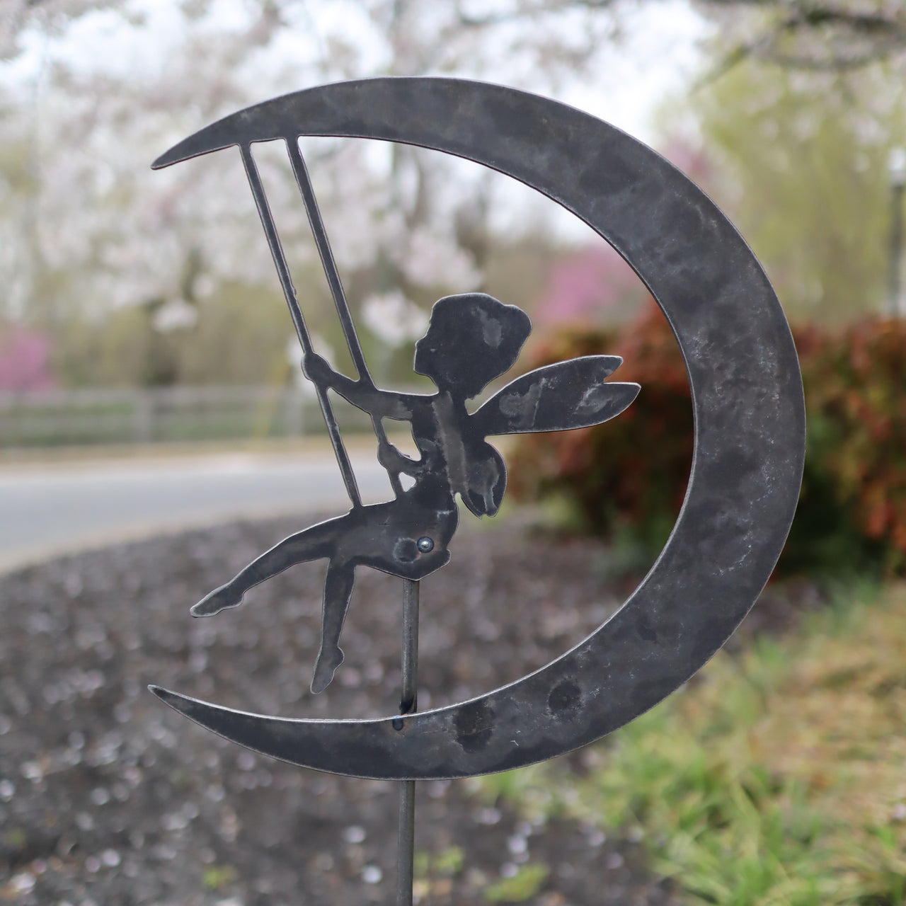 Metal Swinging Fairy Garden Stake - Steel Gardening Decor - Fantasy Moon Yard Art Marker