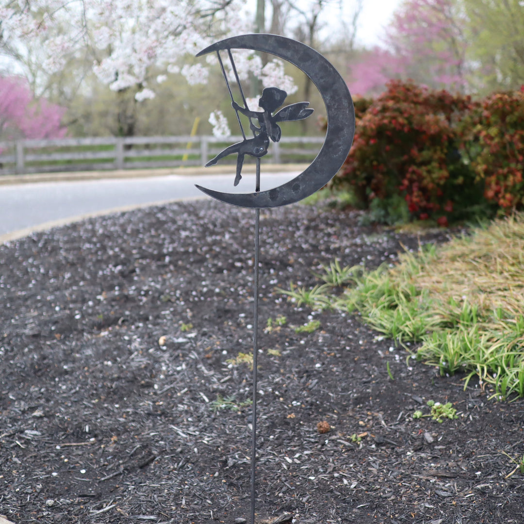 Metal Swinging Fairy Garden Stake - Steel Gardening Decor - Fantasy Moon Yard Art Marker