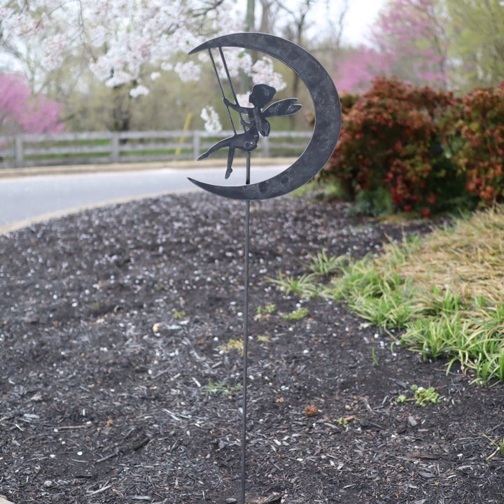 Metal Swinging Fairy Garden Stake - Steel Gardening Decor - Fantasy Moon Yard Art Marker
