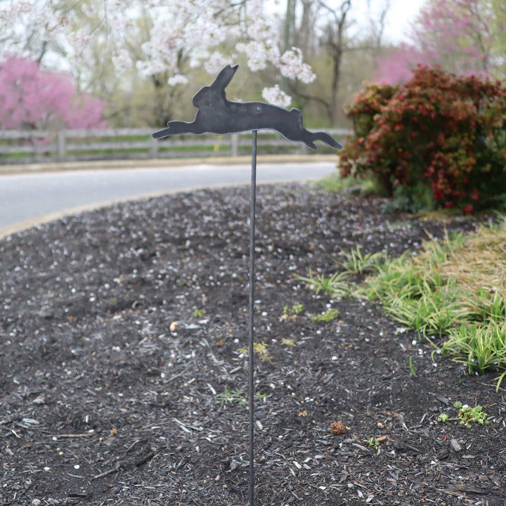 Metal Bunny Garden Stake - Leaping Rabbit Yard Art Marker